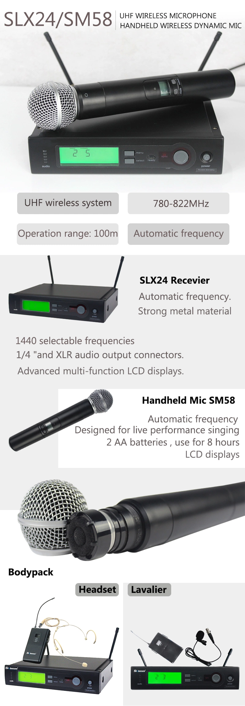 Sinbosen UHF Professional Wireless Microphone System Slx24/Sm58/Beta58